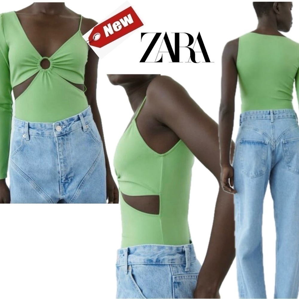 Zara Green asymmetrical long sleeve spaghetti strap cutout O-ring Vneck bodysuit